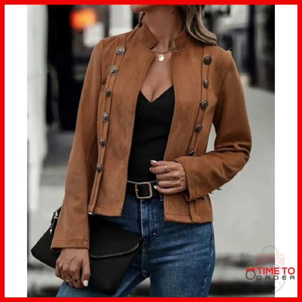 Faux Suede Leather Jacket Long Sleeve Blazer Slim Fit Cropped - Picture 3 of 6